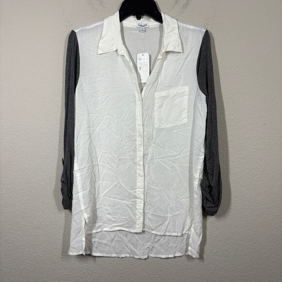 Splendid Medium Combo Roll Tab Sleeves Blouse White Gray Colorblock Button Up - Picture 1 of 8